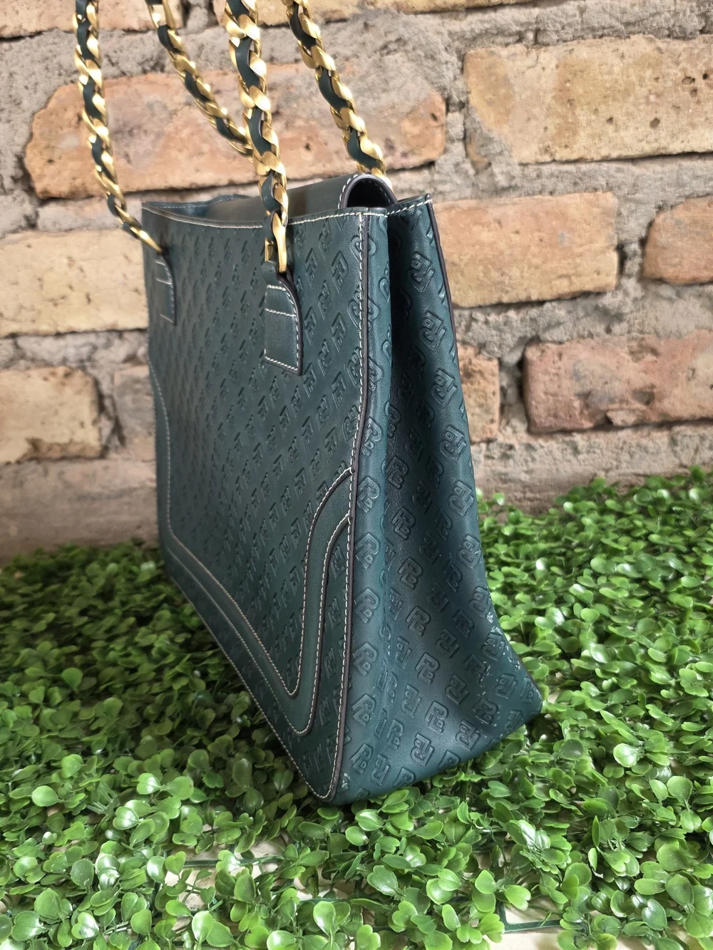 POWERLAND Forest Green Embossed Monogram Tote Bag Gold Chain Straps